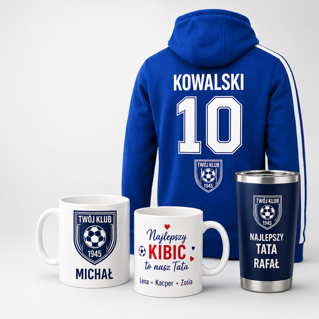 Spersonalizowana bluza klubowa, kubki i termos z imieniem i numerem